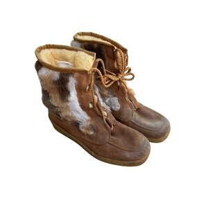 QUODDY Moccasin Leather Faux Fur Winter Native Boots Size 8 Sherpa Lined USA